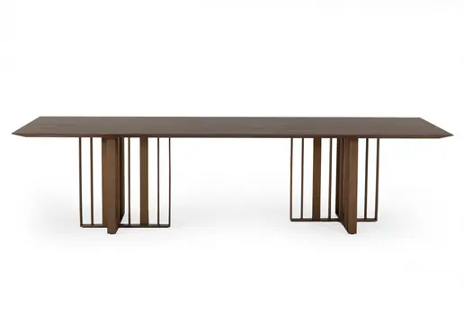 118" Brown And Brass Stainless Steel Double Pedestal Base Dining Table