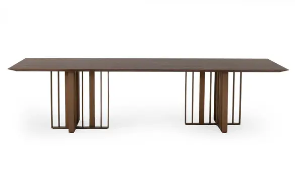118" Brown And Brass Stainless Steel Double Pedestal Base Dining Table