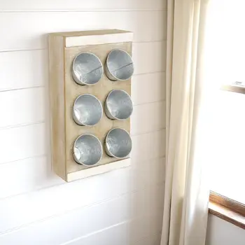 Set of Six Gray And Natural Galvanized Metal And Distressed Wood Wall Planter