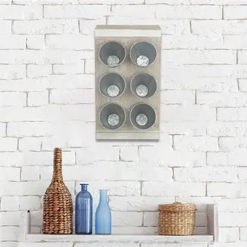 Set of Six Gray And Natural Galvanized Metal And Distressed Wood Wall Planter
