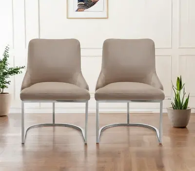 Set of Two Tufted Beige and Silver Upholstered Velvet Dining Side Chairs