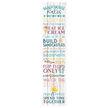 14" X 60" Blue and White Beach House Solid Wood Wall Decor
