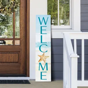 11" X 47" Blue and White Coastal Welcome Solid Wood Wall Decor