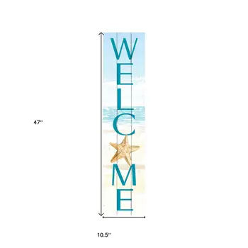 11" X 47" Blue and White Coastal Welcome Solid Wood Wall Decor