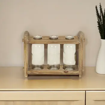 7" Set of Three Glass Jars in a Wood Rack