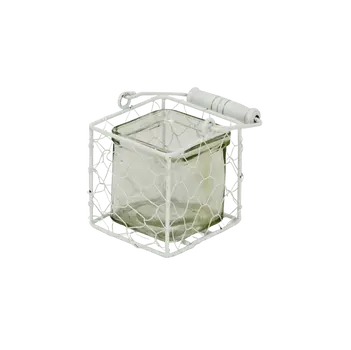 4" White Glass and Metal Lattice Tabletop Lantern Candle Holder