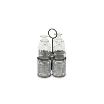 Set of Four Clear Galvanized Metal and Glass Decorative Bottle Tabletop Sculpture