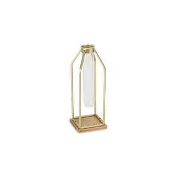 11" Gold Clear And Natural Metal Glass And Wood Test Tube Table Vase
