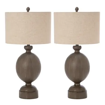 Set of Two 30" Brown Geometric Table Lamps With Beige Drum Shade