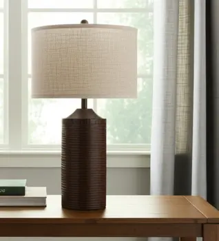 Set of Two 31" Distressed Brown Table Lamp USB With Beige Drum Shade