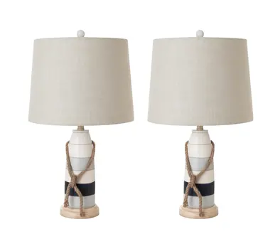 Set of Two 27" Natural White and Blue Novelty Table Lamp Coastal With Off White Empire Shade