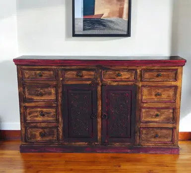 72" Brown Solid Wood Ten Drawer Buffet Table with Two Doors