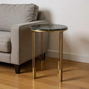 23" Gold And Black Marble And Iron Round End Table