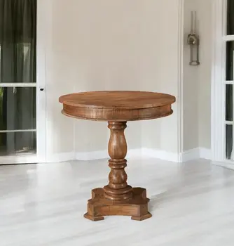 30" Wood Brown Rounded Solid Wood Pedestal Base Dining Table
