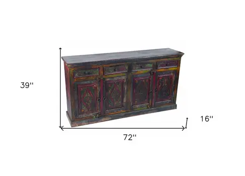 72" Dark Brown and Green Solid Wood Four Drawer Sideboard with Four Doors