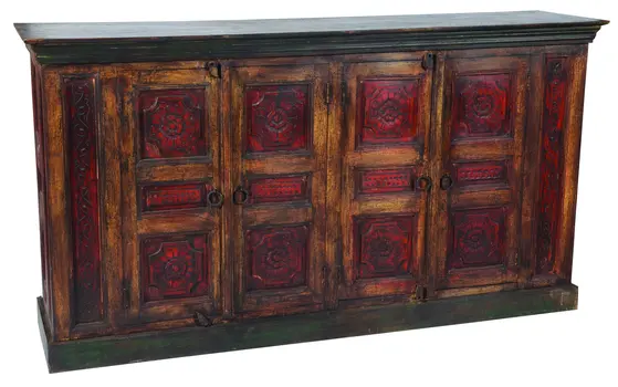 80" Brown and Black Solid Wood Buffet Table with Four Doors