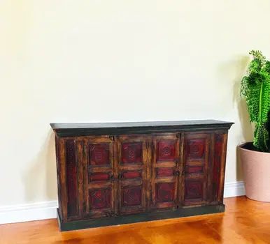 80" Brown and Black Solid Wood Buffet Table with Four Doors