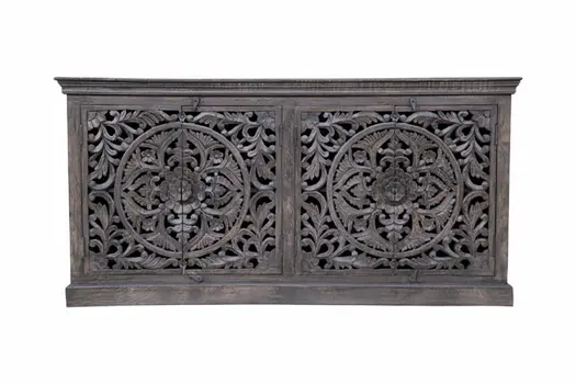 71" Gray Distressed Solid Wood Carved Floral Sideboard with Four Doors