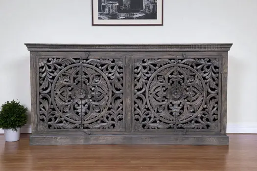 71" Gray Distressed Solid Wood Carved Floral Sideboard with Four Doors