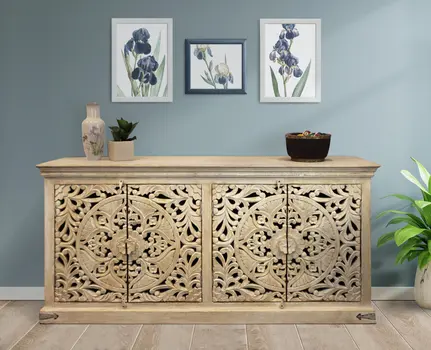 71" Beige Distressed Solid Wood Carved Scrollwork Sideboard with Four Doors