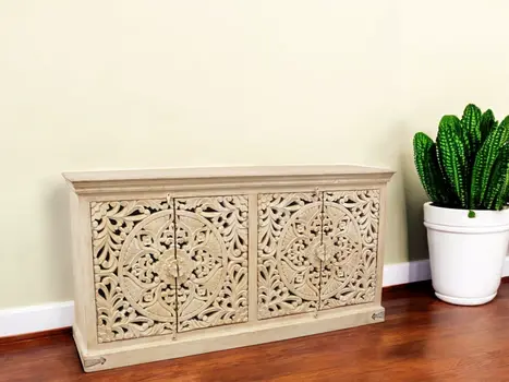 71" Beige Solid Wood Sideboard with Four Doors
