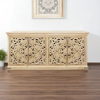 71" Beige Distressed Solid Wood Carved Scrollwork Sideboard with Four Doors