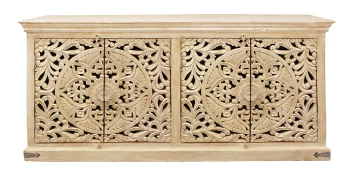 71" Beige Distressed Solid Wood Carved Scrollwork Sideboard with Four Doors