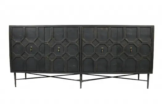 71" Brown Distressed Solid Wood Carved Geometric Sideboard with Four Doors