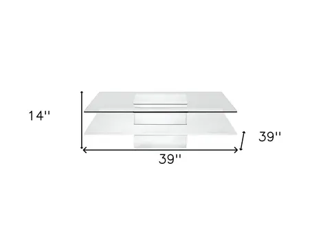 39" Clear and White Glass And Wood Square Pedestal Coffee Table With Shelf