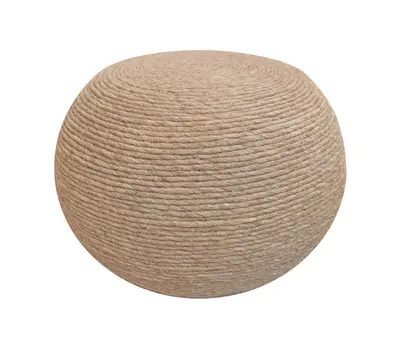 20" Beige Wool Round Ribbed Pouf Ottoman