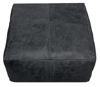 22" Black Distressed Leather Pouf Ottoman