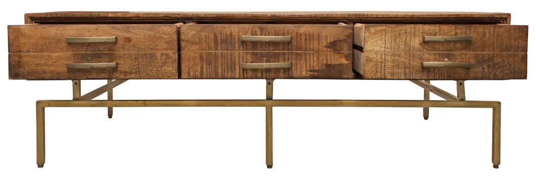 56" Brown and Brass Solid Wood and Iron Distressed Frame Coffee Table With Six Drawers