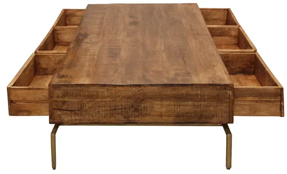 56" Brown and Brass Solid Wood and Iron Distressed Frame Coffee Table With Six Drawers