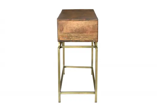 36" Brown and Brass Solid Wood Distressed Frame Console Table With Storage