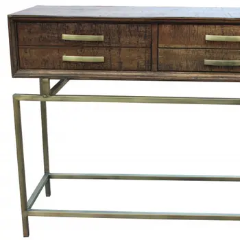 36" Brown and Brass Solid Wood Distressed Frame Console Table With Storage