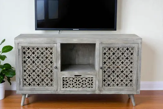 55" Gray Solid Wood Cabinet Enclosed Storage Worn TV Stand