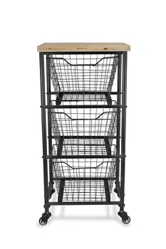 32" Black And Natural Metal And Wood Basket Storage Rolling Cabinet