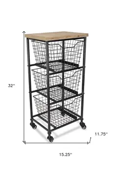 32" Black And Natural Metal And Wood Basket Storage Rolling Cabinet