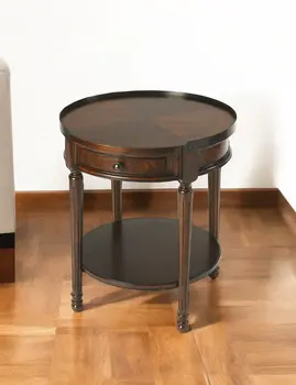 26" Dark Brown Wood Round End Table With Drawer And Shelf