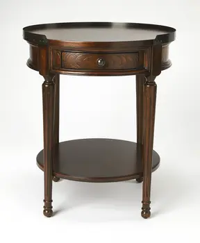 26" Dark Brown Wood Round End Table With Drawer And Shelf