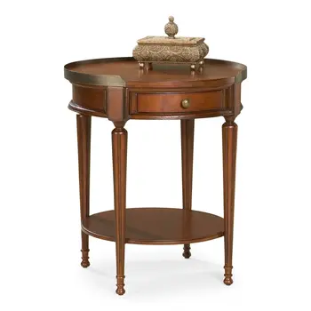 26" Dark Brown Wood Round End Table With Drawer And Shelf