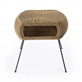 24" Black And Brown Distressed Rattan And Iron Round End Table With Shelf