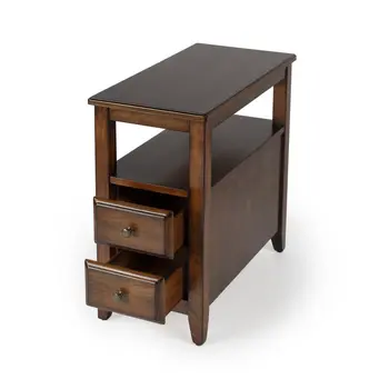 24" Brown Distressed End Table With Two Drawers And Shelf