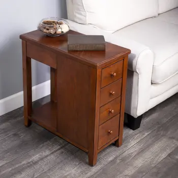 24" Medium Brown Manufactured Wood Rectangular End Table With Four Drawers And Shelf