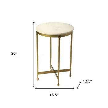 20" Antiqued Gold And White Marble Round End Table