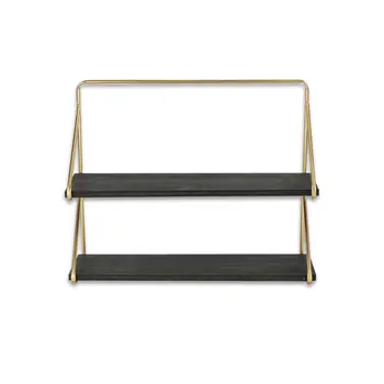21" Dark Gray And Gold Metal And Wood Wall Mounted Tiered Shelf