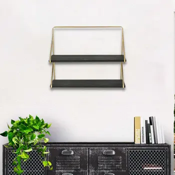 21" Dark Gray And Gold Metal And Wood Wall Mounted Tiered Shelf