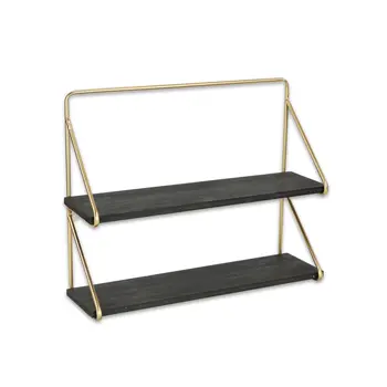 21" Dark Gray And Gold Metal And Wood Wall Mounted Tiered Shelf