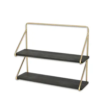 21" Dark Gray And Gold Metal And Wood Wall Mounted Tiered Shelf