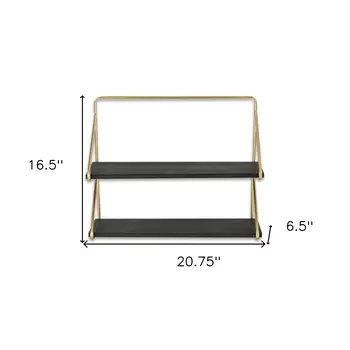 21" Dark Gray And Gold Metal And Wood Wall Mounted Tiered Shelf